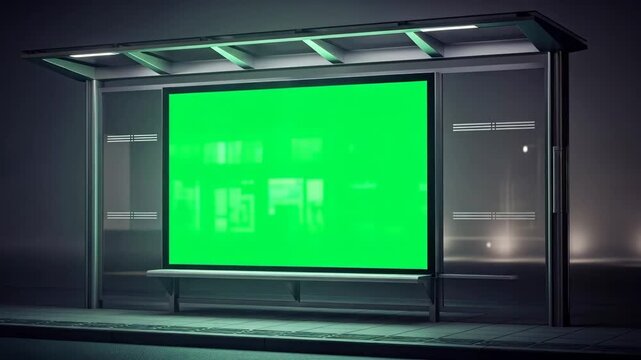 Modern Green Screen Billboard Mockup at Night Bus Stop Shelter, Digital Chroma Key Advertising Display in Urban City Environment with Passing Traffic Background