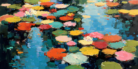 油彩タッチの蓮の池/Bold oil painting lotus pond 