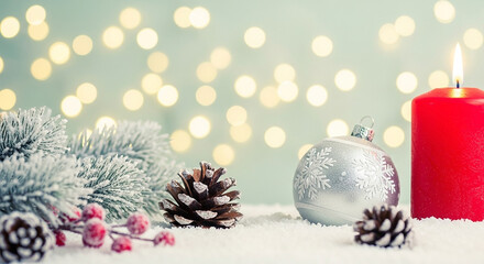 Festive christmas decoration with a red candle, pine cones, and frosted branches on a snowy surface with blurred bokeh lights in the background