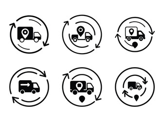 Obraz premium Delivery truck and transportation icons set illustrating distribution and shipping process