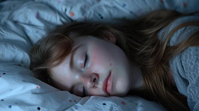 Girl sleeping on bed with patterned sheets.