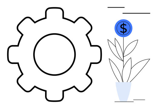 Cogwheel beside a potted plant growing a dollar coin. Ideal for progress, innovation, investment, business strategy, productivity, efficiency, growth. Minimalist approach simple flat metaphor