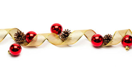 A festive christmas garland with red baubles and pine cones, isolated on a white background