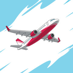 Modern red and white jet airplane flying through a bright blue sky