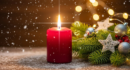 A lit red candle in the snow with christmas tree branches and ornaments, surrounded by falling snow and blurred bokeh lights