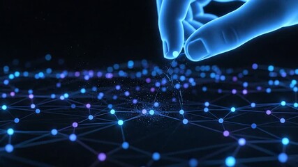 Digital network connection facilitated by a human finger touching glowing nodes, representing data transfer and information flow in a futuristic technological landscape - Powered by Adobe