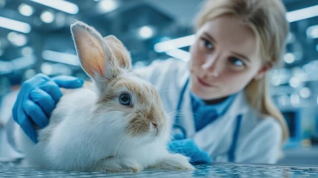 A lab technician with gloves examines a rabbit. The bunny has light brown and white fur