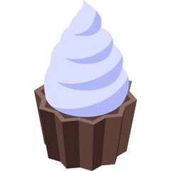 Isometric cupcake with swirl of light purple frosting on a brown base isolated on a white background