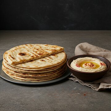 A stack of thin, pliable laffa bread (Middle Eastern flatbread) fresh off the saj oven, with a slight char, next to a bowl of hummus. Soft, textured fabric underneath