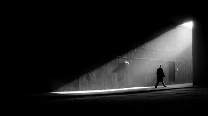 Silhouette of a person walking into the light, dramatic black and white scene.
