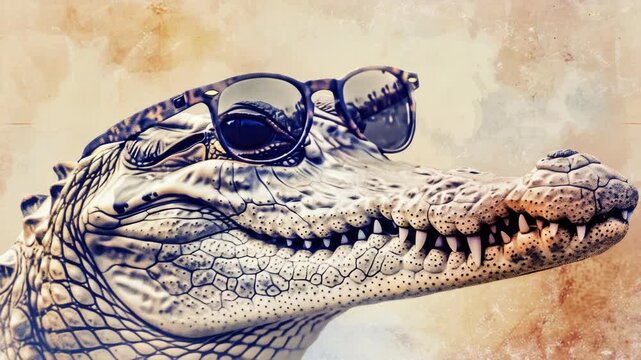  of an alligator with sunglasses on a faded background.