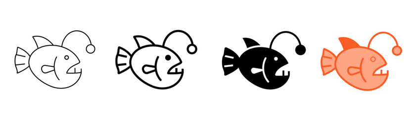 Set of minimalist anglerfish icons with transparent background, depicting deep-sea fish, underwater predators, marine life symbols, ocean wildlife graphics, vector illustration