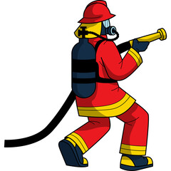 Fototapeta premium Firefighter Wearing Red Protective Gear and Helmet Holding Hose Ready for Action with Transparent Background