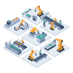 Modern automated factory assembly line with robotic arms and conveyor belts