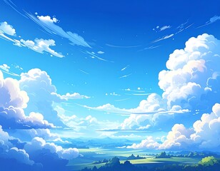 Anime style landscape of a bright blue sky filled with fluffy clouds