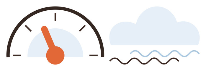 Speedometer with needle and cloud over waves suggesting performance, speed, weather conditions, and environmental harmony. Ideal for eco-friendly design, efficiency, climate control, energy