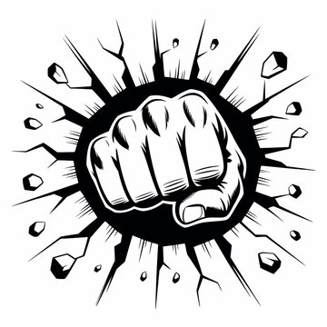 Powerful fist punching through a cracked surface with debris flying outwards