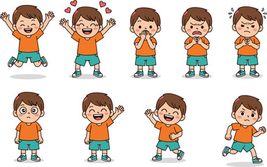 Cartoon boy expressing eight different emotions and actions including joy, love, worry, sadness, surprise, and determination