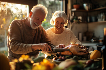 Elderly couple carving Thanksgiving turkey together, smiling faces, soft daylight, warm homely atmosphere