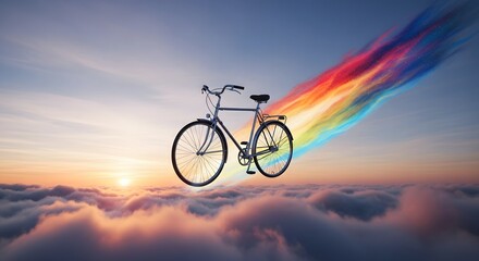 Fototapeta premium Surreal bicycle soaring through a vibrant rainbow trail above fluffy clouds at sunset symbolizing freedom and imagination
