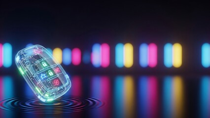 Abstract illustration of a futuristic digital car key with glowing elements