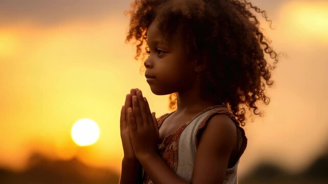 A young girl is praying in front of a sunset. She is wearing a white shirt and is kneeling down