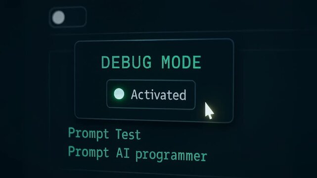 Prompt test ai programmer debugging interface with activated debug mode and cursor near toggle creating tense focused mood. Prompt AI programmer
