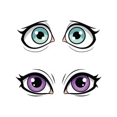 Fototapeta premium Expressive cartoon eyes with vibrant colors and eyelashes for animation and illustration projects vector