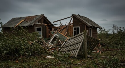 Severe structural damage to a wooden building and fence following powerful winds, showing extensive debris and the raw force of nature ,recovery ,residential ,hazard