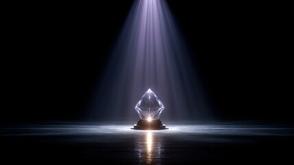 Illuminated Crystal Prism on Pedestal Under Dramatic Spotlight, Dark Background
