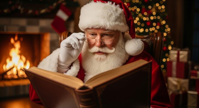 Santa Claus Reading Book by Fireplace with Christmas Tree and Gifts