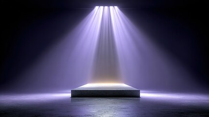 Dramatic Violet Spotlight Illuminating a Solitary Concrete Pedestal in a Dark Void