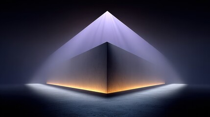 Illuminated Geometric Apex: Contrasting Purple and Golden Light Beams on Textured Concrete