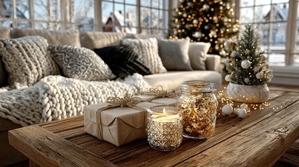 Cozy Christmas Living Room Scene: Gifts, Candles, and Festive Decor.