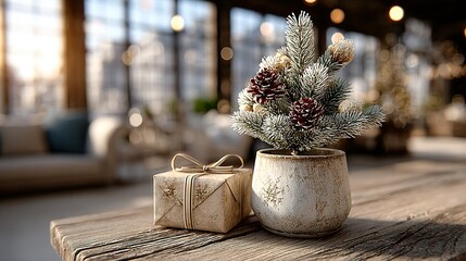 Rustic Pinecone Christmas Tree and Gift Box on Wooden Table with Bokeh Lights