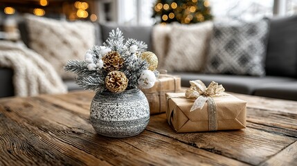 Festive Winter Decor: Frosted Pinecones, Golden Ornaments, and Wrapped Gifts on Rustic Table with Bokeh Lights