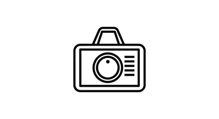 Simple outline graphic of a vintage camera with a handle and lens in a clean silhouette style