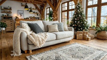 Hygge Christmas Interior: Rustic Loft with Exposed Beams, Cozy Sofa, and Festive Decor.