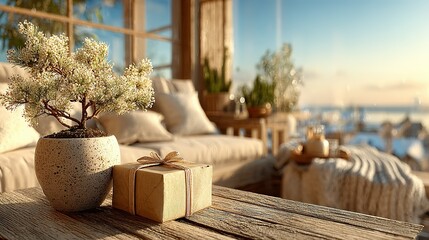 Serene Gift: Bonsai, Wrapped Present, Cozy Balcony, Soft Lighting, Tranquil Scene.
