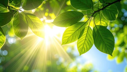 Sunlight filters through vibrant green leaves on a bright clear day casting beautiful sunbeams and creating a bokeh effect in the background with blue sky above