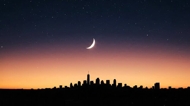 Nightsky over a Silhouette of a City skyline with a Crescent Moon