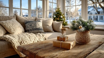 Festive Winter Hygge: Sunlit Living Room with Rustic Gifts, Frosted Pine, and Snowy Window View