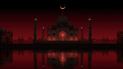 Taj mahal silhouette at dusk with moon reflection in still water