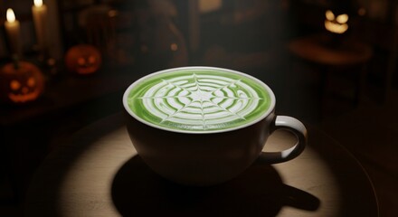 Matcha Latte with Intricate Design in Dimly Lit Halloween Setting