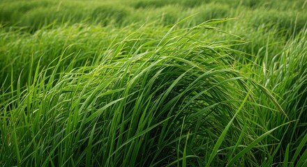 Sunlight catches bright green meadow grasses bending and swaying gracefully in a powerful but gentle breeze, showing natural movement and freedom ,serene ,movement ,grass