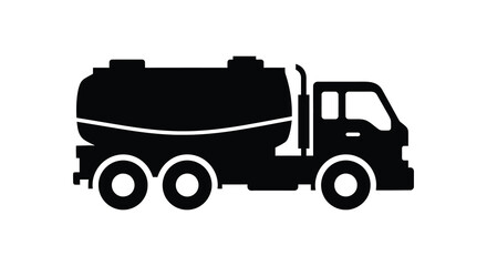 Black silhouette of a large tanker truck with multiple wheels on a white background representing transportation and industry