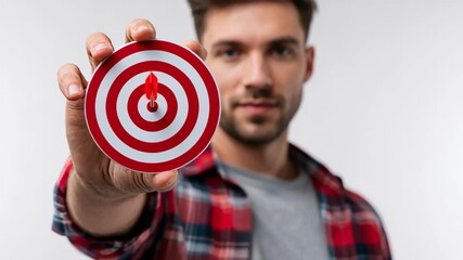 Man holding a target with dart in the bullseye. Focus and success concept. - Powered by Adobe