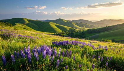Vibrant purple lupine flowers bloom across rolling green hills under a warm golden sunset sky creating a serene natural landscape
