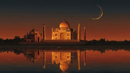 Majestic white building silhouetted at dusk reflecting on still waters