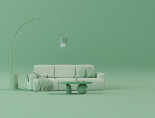 Interior of the room in plain monochrome pastel blue color with furnitures and room accessories. Light background with copy space. 3D rendering for web page, presentation or picture frame backgrounds.